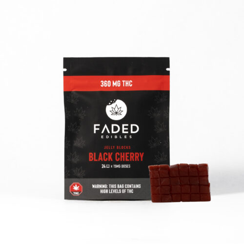Faded Jelly Blocks - Black Cherry (360mg) These 360mg THC Jelly Blocks in Black Cherry flavour are infused with a total of 360mg of THC.