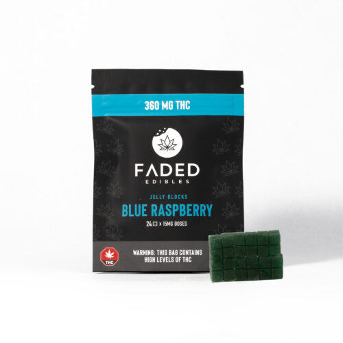 Faded Jelly Blocks - Blue Raspberry (360mg) These 360mg THC Jelly Blocks in Blue Raspberry flavour are infused with a total of 360mg of THC.