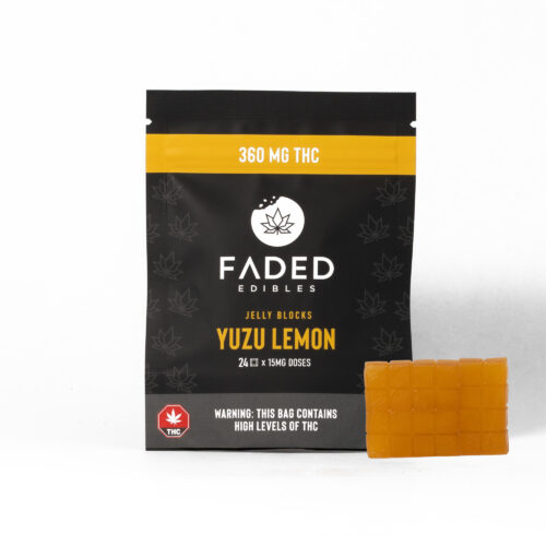 Faded Jelly Blocks - Yuzu Lemon (360mg) These 360mg THC Jelly Bombs in Yuzu Lemon flavour are infused with a total of 360mg of THC.