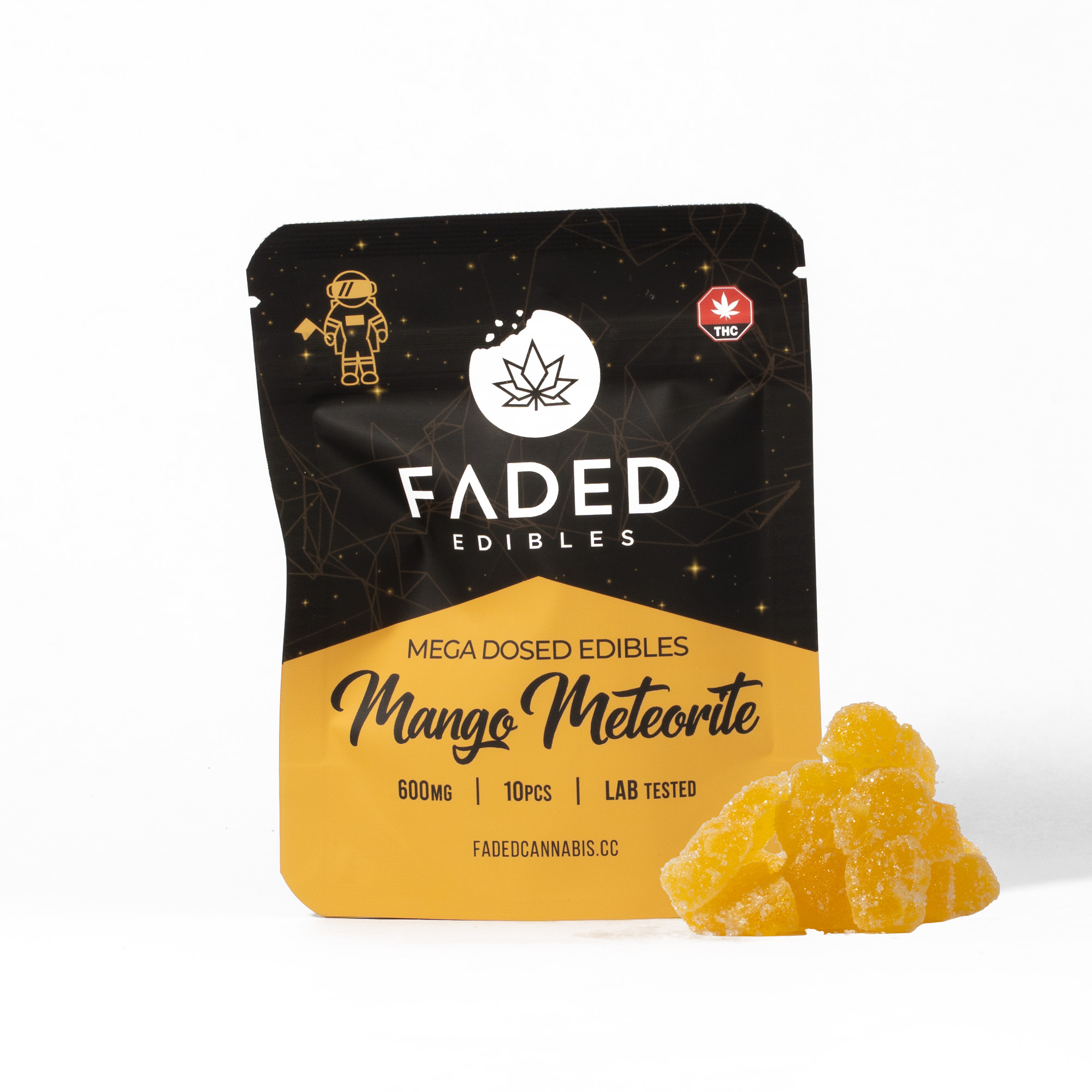 Faded Mega Dosed Astros - Mango Meteorite (600mg) Blast off into space with Astros by Faded Cannabis co. Introducing our mega dosed collection featuring 10 addicting flavors to choose from.