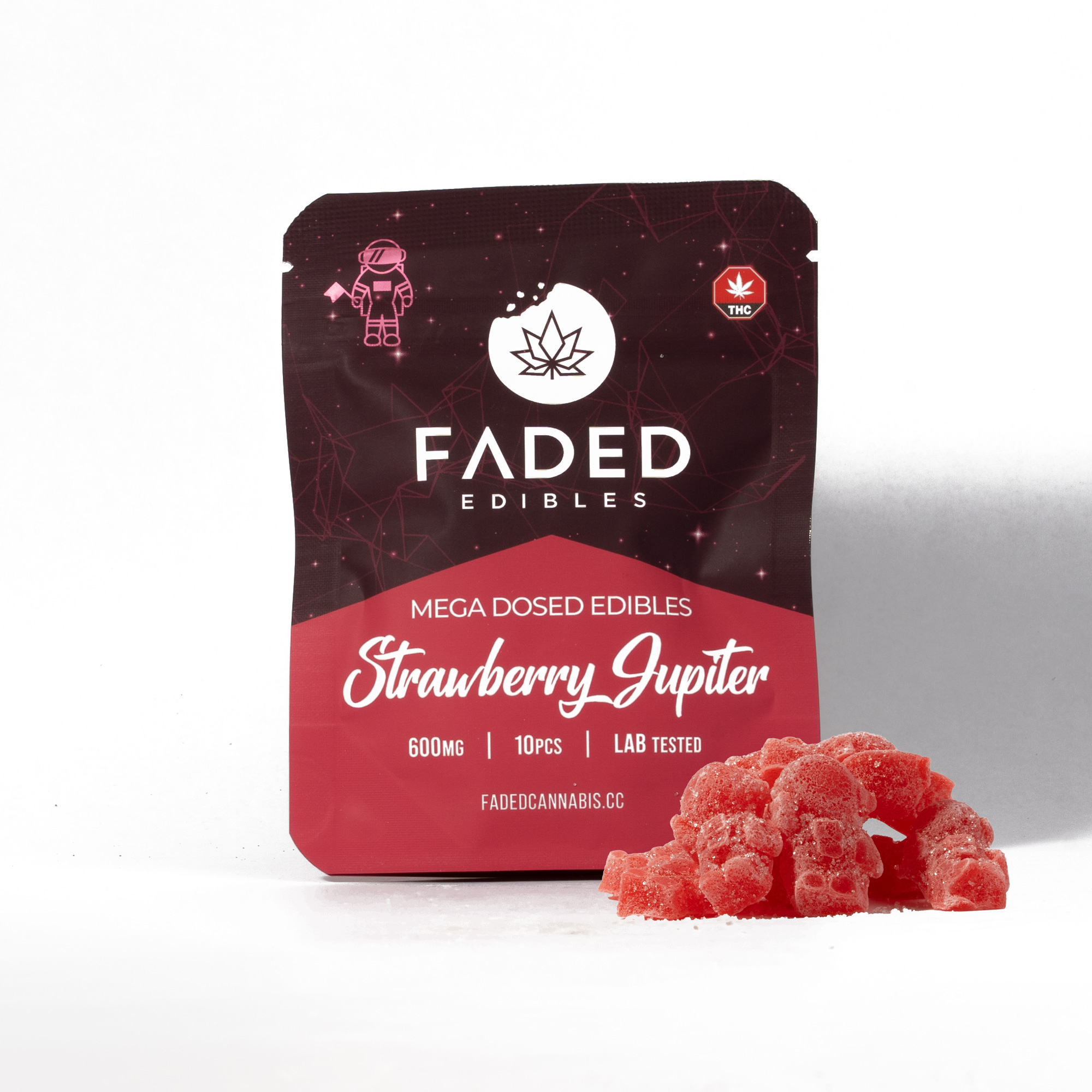 Faded Mega Dosed Astros - Strawberry Jupiter (600mg) Blast off into space with Astros by Faded Cannabis co. Introducing our mega dosed collection featuring 10 addicting flavors to choose from.