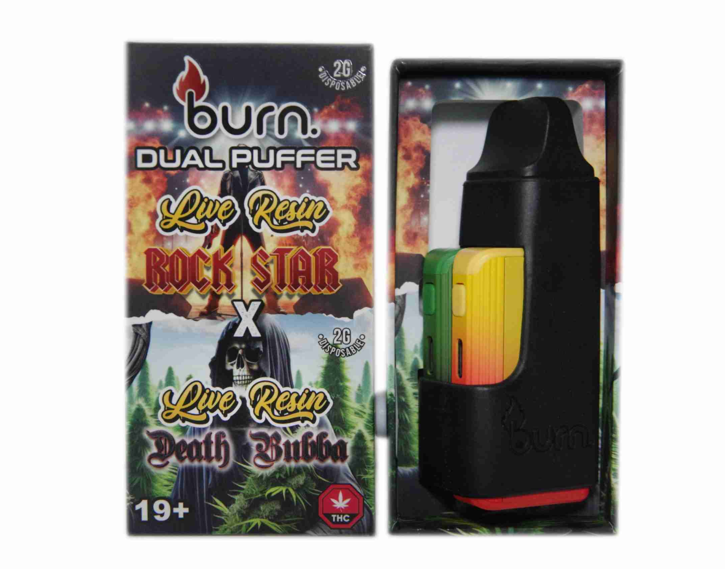 The Live Resin Rock Star x Live Resin Death Bubba vape offers a potent, relaxing experience. Rock Star’s herbal, earthy notes are paired with the heavy, sedative effects of Death Bubba, creating a deep, tranquil high. This concentrate delivers both full-bodied relaxation and mental clarity, making it perfect for stress relief.