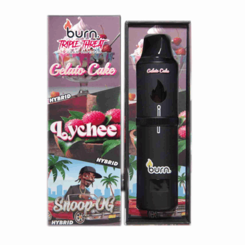 Burn Co triple-chamber disposable blending classic OG vibes with fruity and exotic flavours. Snoop OG / Gelato Cake / Lychee
