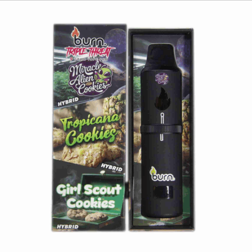 Burn Co triple-chamber device with cookie-inspired strains and tropical twists. Miracle Alien Cookies / Tropical Cookies / Girl Scout Cookies