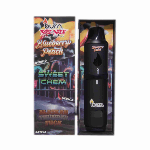 Burn Co 9G disposable featuring fruity, sweet, and classic energizing strains. Sweet Chem / Blueberry Peach / Alaskan Thunder Fuck