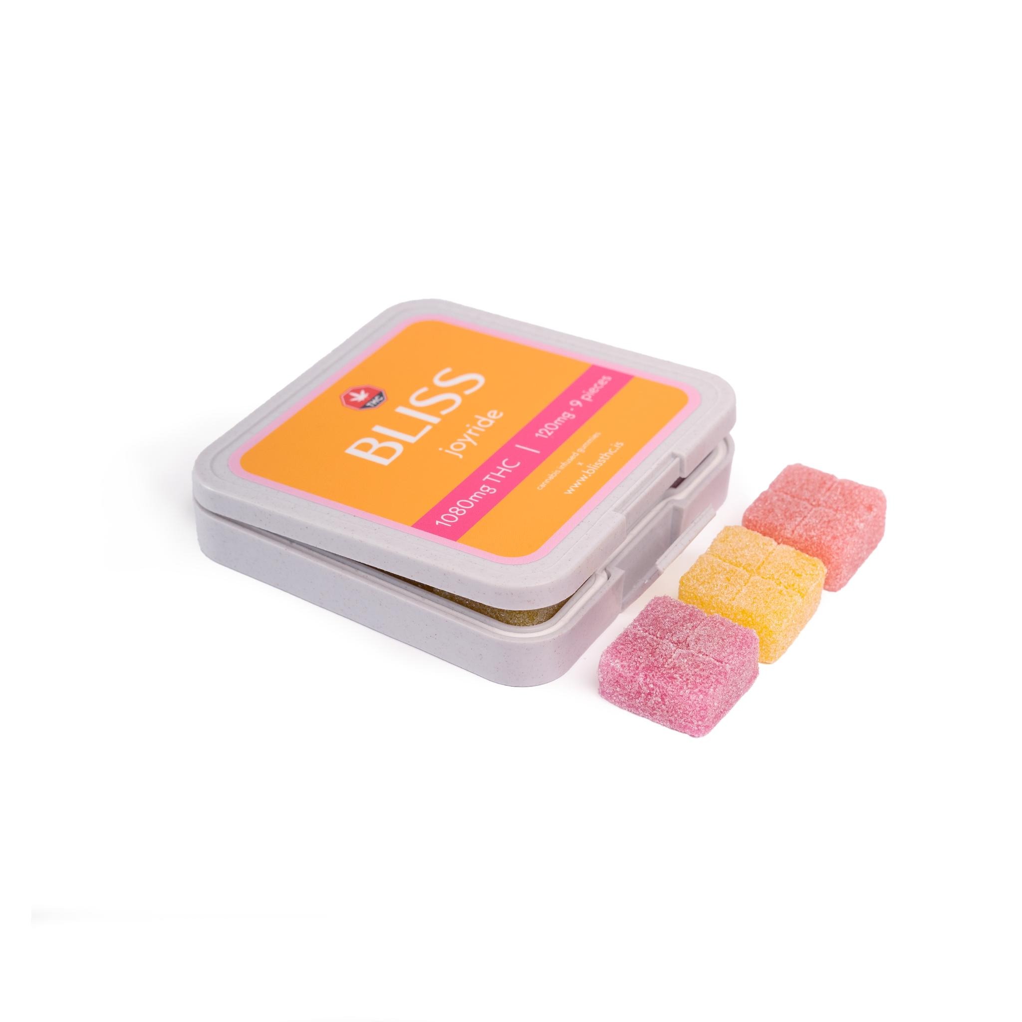 Bliss - THC Gummies (1080mg) - Joyride Why plan a packed day when you can plan a fun one? Bliss 1080mg Gummies are made for laid-back moments and feel-good vibes. With a bold sweet-tart flavor and 120mg of THC per gummy, they’re perfect for experienced users looking for a stronger dose and a longer-lasting effect.