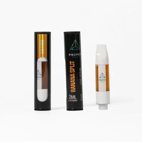 Proper Extracts – Live Resin THC Vape Cartridges (2ml) offer a premium cannabis vaping experience, providing high-potency THC and authentic flavor profiles. Live resin is made from freshly harvested, flash-frozen cannabis plants to preserve the full spectrum of cannabinoids and terpenes, resulting in a rich and flavorful product.