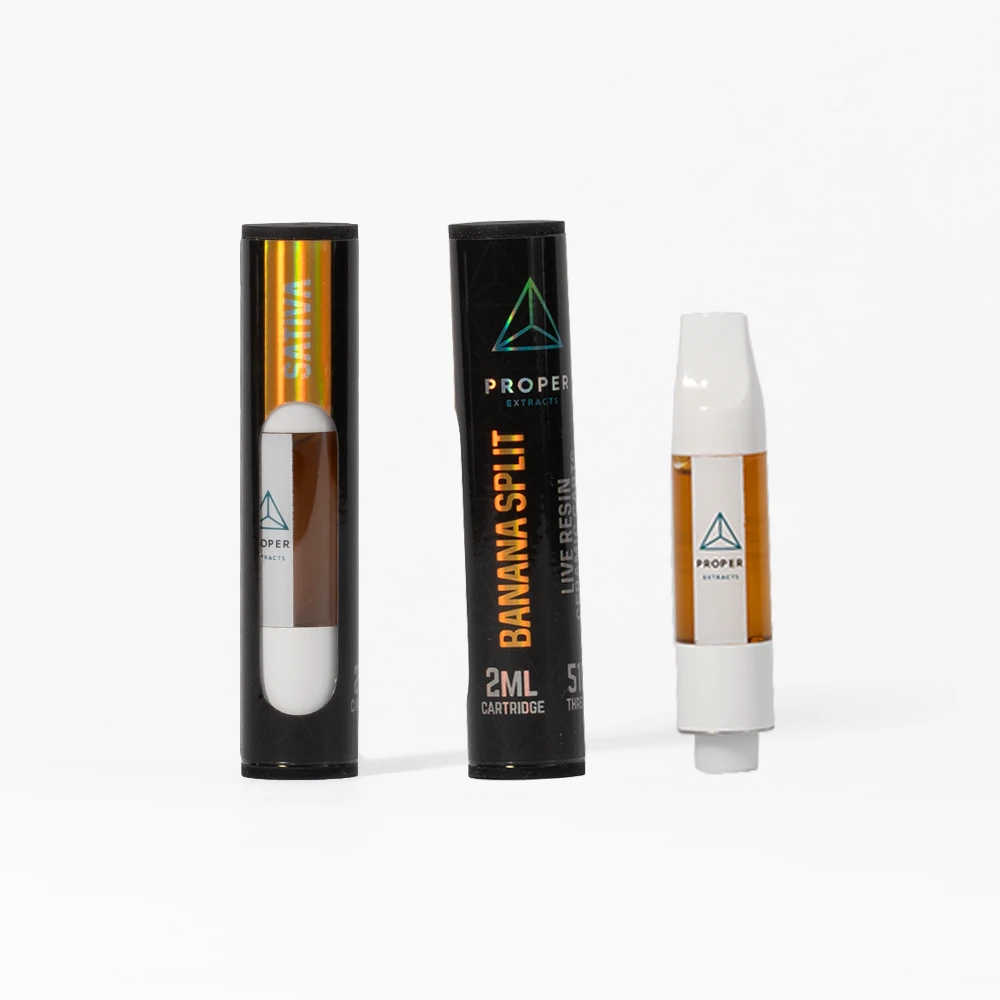 Proper Extracts – Live Resin THC Vape Cartridges (2ml) offer a premium cannabis vaping experience, providing high-potency THC and authentic flavor profiles. Live resin is made from freshly harvested, flash-frozen cannabis plants to preserve the full spectrum of cannabinoids and terpenes, resulting in a rich and flavorful product.