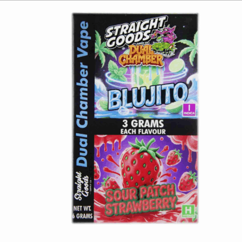 Straight Goods 6g Dual Vape – Blujito + Sour Patch Strawberry delivers a bold, flavor-forward experience in a sleek dual-chamber design. Featuring two distinct profiles in one convenient device, this vape lets you switch between refreshing Blujito notes, cool citrus with a minty twist, and the vibrant sweetness of Sour Patch Strawberry for a tangy, candy-inspired finish.