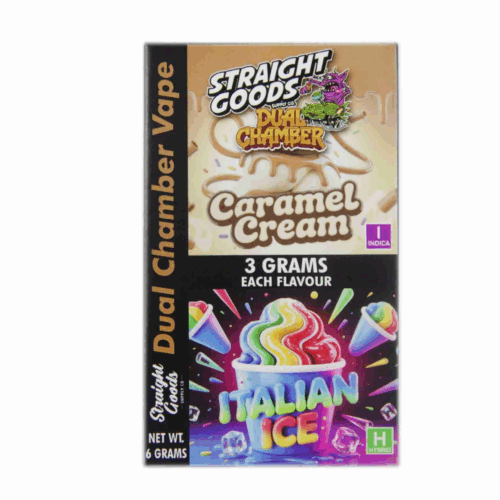 Straight Goods 6g Dual Chamber Vape – Caramel Cream + Italian Ice combines convenience with variety, featuring two independent 3g chambers in one disposable device. This lets you enjoy two distinct flavour/strain profiles without carrying multiple vapes: in this case, Caramel Cream in one chamber and Italian Ice in the other.