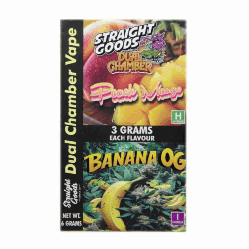 Straight Goods 6g Dual Chamber Vape – Peach Mango + Banana OG is a premium cannabis vaping device engineered for versatility, long life, and flavour variety. With two independent 3g chambers (for a total of 6g), it lets you enjoy two distinct strains/flavour profiles, Peach Mango on one side and Banana OG on the other, all from a single disposable unit.