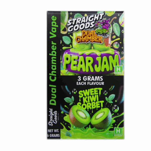 Straight Goods 6g Dual Chamber Vape – Pear Jam + Sweet Kiwi Sorbet is a high-capacity cannabis vaporizer offering two distinct flavour/strain profiles in a single premium disposable device. With two independently sealed 3g chambers (6g total), this vape lets you switch between Pear Jam and Sweet Kiwi Sorbet effortlessly, perfect for variety without carrying multiple pens.