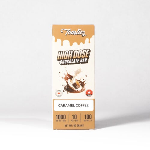 Toastiez High Dose Chocolate Bar - Caramel Coffee 1000mg delivers rich, indulgent cookies & cream chocolate with serious potency. Made for experienced users, each bar packs 1000mg of Delta-9 THC, conveniently divided into 10 pieces at 100mg each for consistent, high-strength dosing. Bold flavor, reliable effects, handle with care.