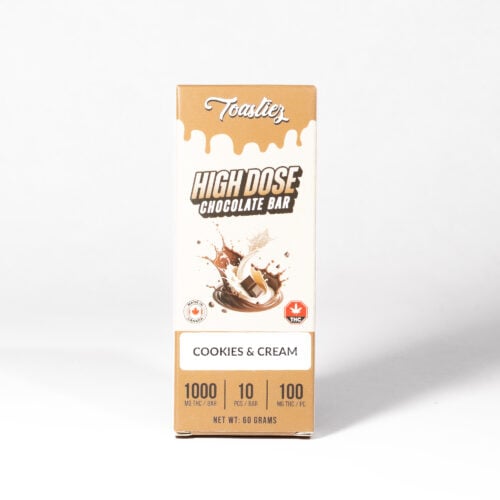 Toastiez High Dose Chocolate Bar delivers rich, indulgent cookies & cream chocolate with serious potency. Made for experienced users, each bar packs 1000mg of Delta-9 THC, conveniently divided into 10 pieces at 100mg each for consistent, high-strength dosing. Bold flavor, reliable effects—handle with care.