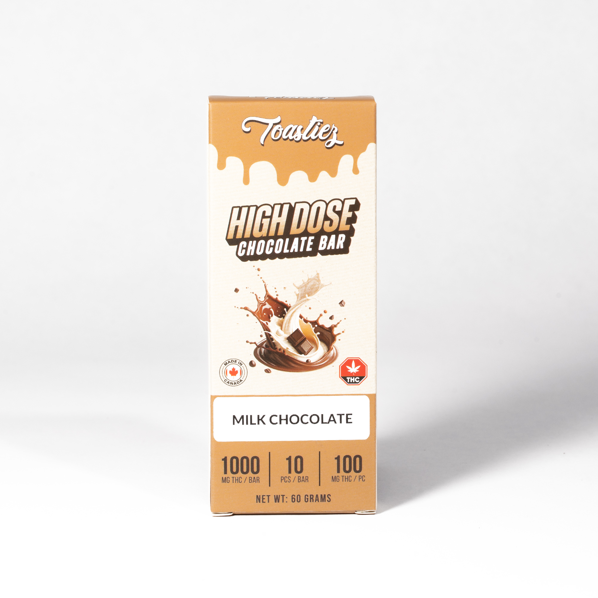 Toastiez High Dose Chocolate Bar - Milk Chocolate 1000mg delivers smooth, creamy milk chocolate with serious potency. Made for experienced users, each bar packs 1000mg of Delta-9 THC, conveniently divided into 10 pieces at 100mg each for consistent, high-strength dosing. Rich flavor, reliable effects, handle with care.