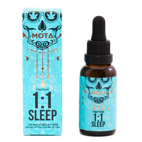 The Mota 1:1 Sleep Tincture (1000mg) pairs equal parts THC and CBD with calming botanicals to support restful sleep and relaxation with a balanced, customizable sublingual dosing experience.