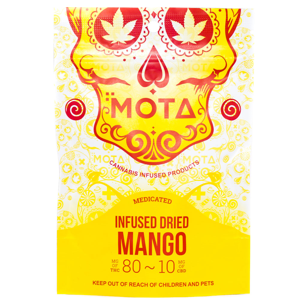 Crafted by Mota Cannabis, the Mota Dried Mango is a sweet, tropical dried fruit snack lightly infused with premium cannabis extract, offering a delicious way to enjoy approximately 80mg THC and 10mg CBD in every pack for mellow, uplifting effects with each chew.